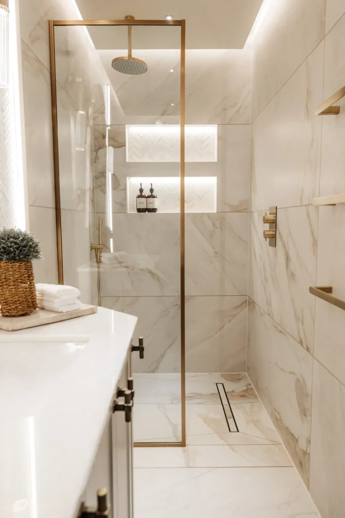 modern bathroom with walk in shower installed by wyre gas